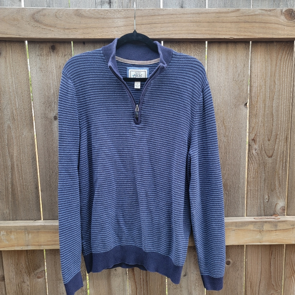 Men's Blue Striped Half-Zip Sweater With Elbow Patches